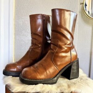 Brown Leather Chunky Heel Boots